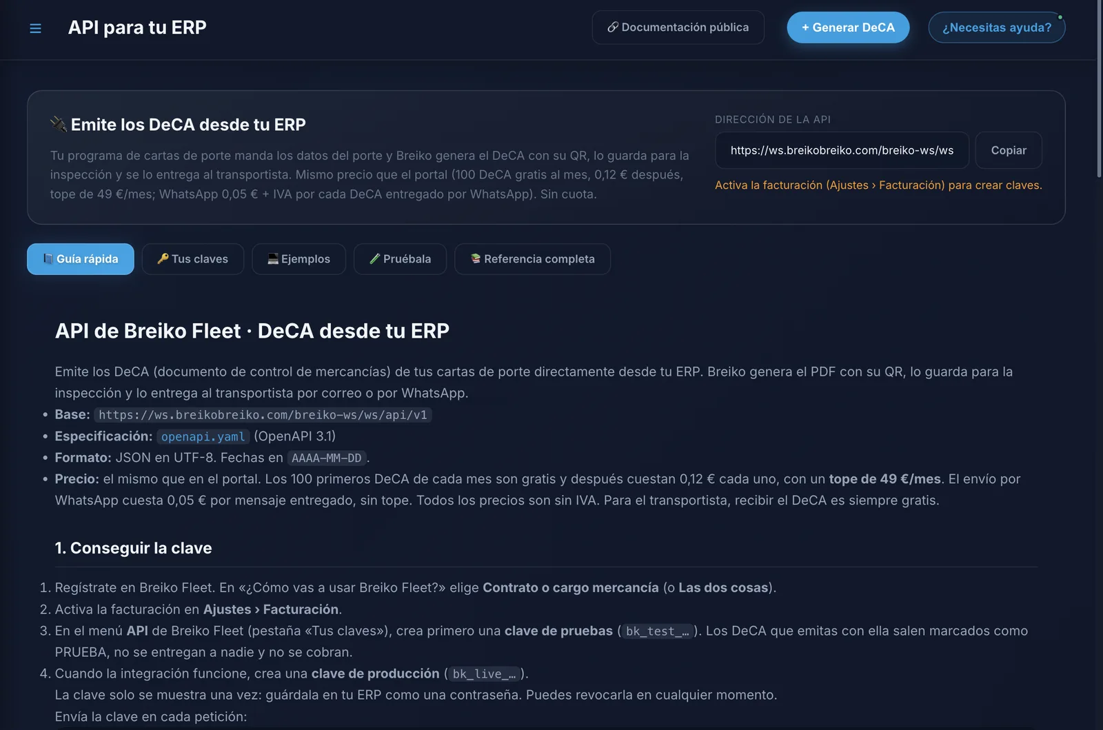 Guía rápida de la API de Breiko Fleet para emitir el DeCA desde el ERP
