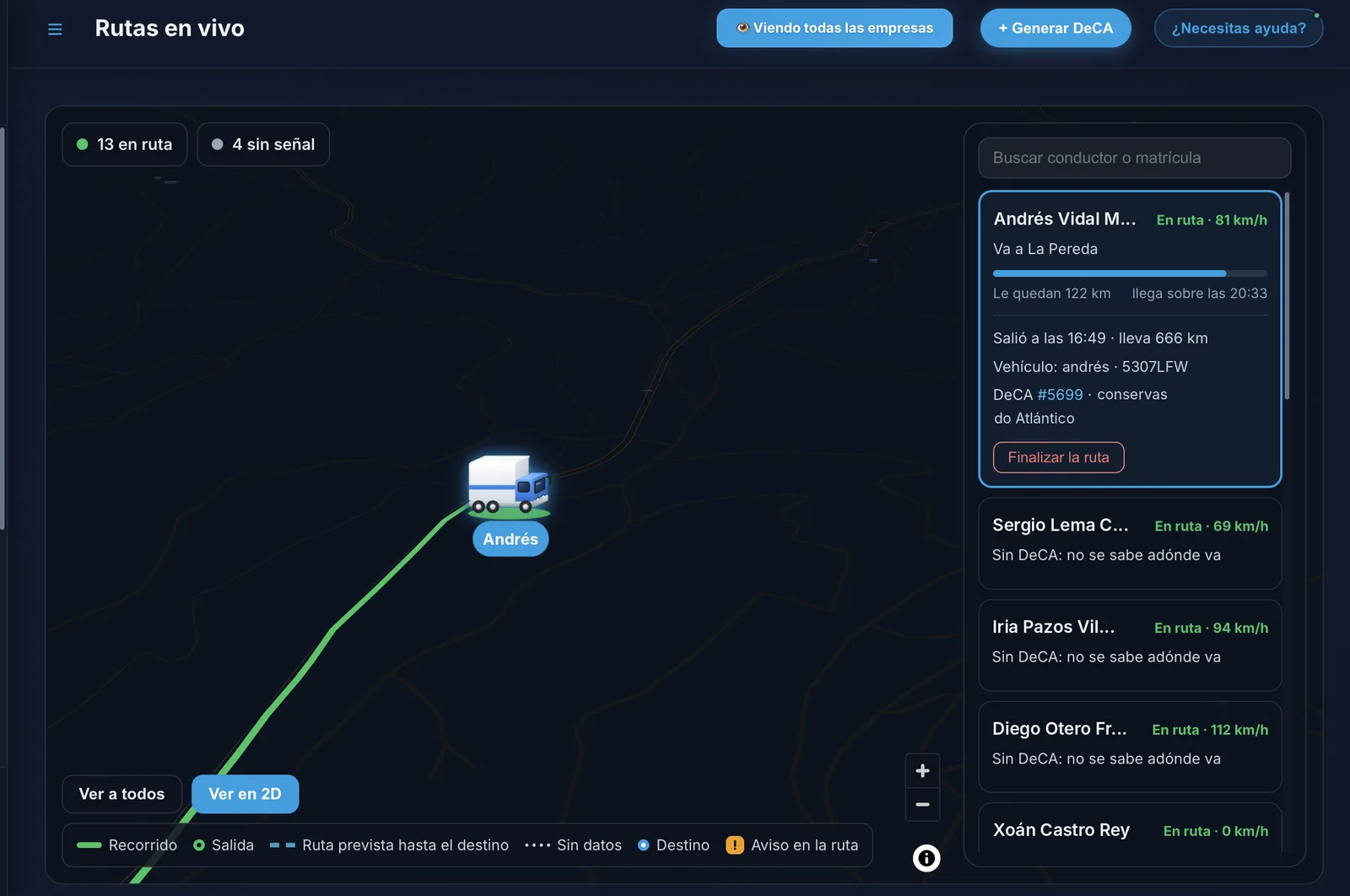 Mapa de rutas en vivo con los conductores en ruta
