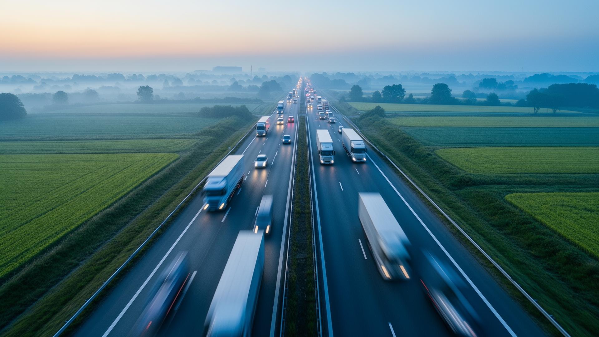 Autopista al amanecer con flota de camiones